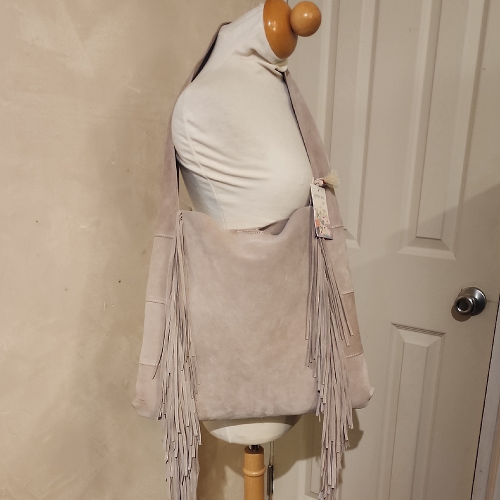 Johnny Was Blush Suede Fringe Shoulder Bag